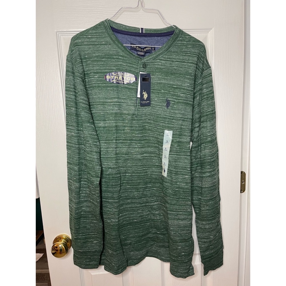 Men’s US Polo Assn thermal stretch large green long sleeve Henley shirt